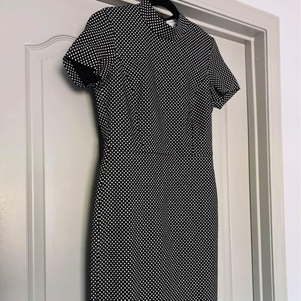 J.Crew Mock Neck Jacquard Sheath Dress Black Metallic Dot Career Cocktail Size 2 - Picture 2 of 4